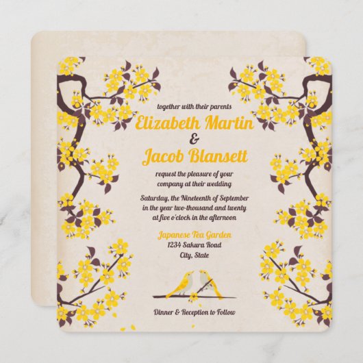ゴールデンイエロー桜とラブバード結婚ズ 招待状 (正面/裏面)