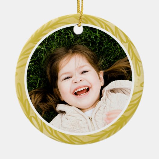 ゴールデンイエロー水彩植物写真フレーム セラミックオーナメント (正面)