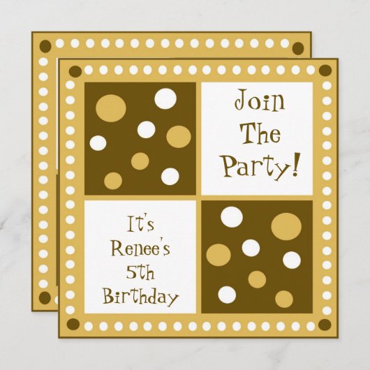 ゴールデンイエロー水玉模様バースデーパーティ招待状 招待状 (正面/裏面)