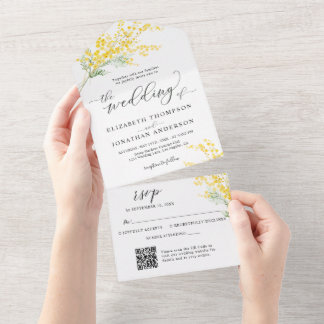 ゴールデンイエロー結婚フローラ詳細QRコードRSVP オールインワン招待状