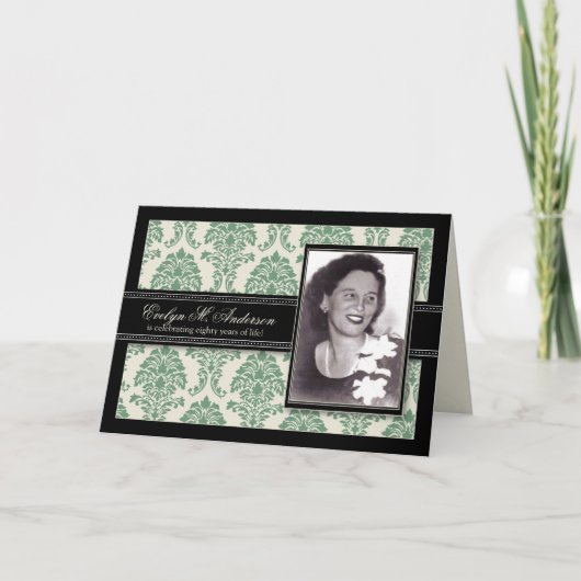ゴールデンイヤーズダマスク誕生日カード招待状(セージ) 招待状 (正面)