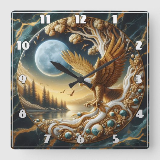 ゴールデンイーグルPerched近くの穏やかなリバーバンク スクエア壁時計 (正面)