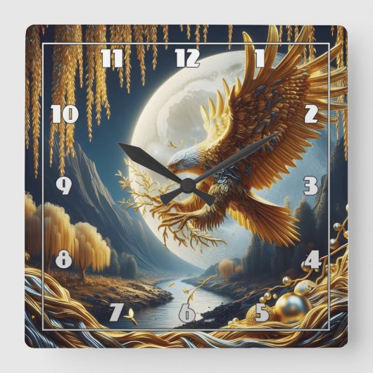 ゴールデンイーグルPerched on Branch at Nighttime スクエア壁時計 (正面)