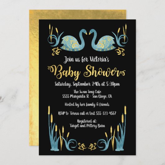 ゴールデンウォーターカラースワンスベビーシャワー招待状 招待状 (正面/裏面)