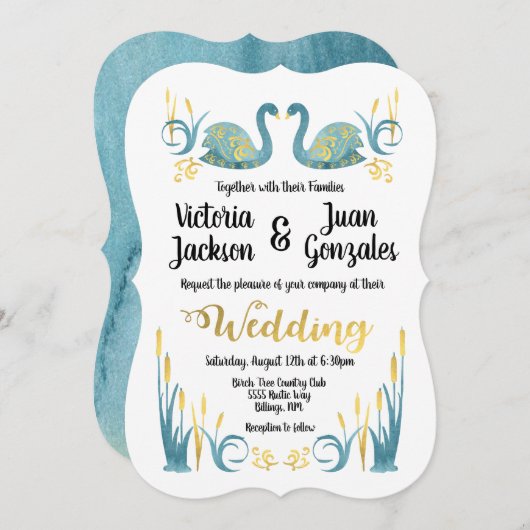 ゴールデンウォーターカラースワンス結婚式招待状 招待状 (正面/裏面)