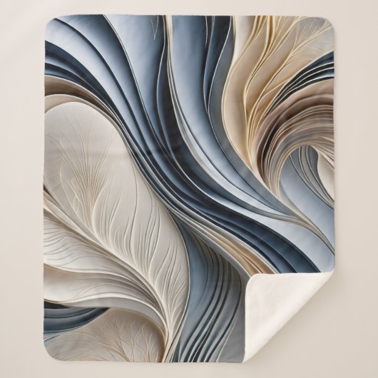 ゴールデンエア – ソフトブルーと金ゴールド流れ抽象芸術 シェルパブランケット (正面)