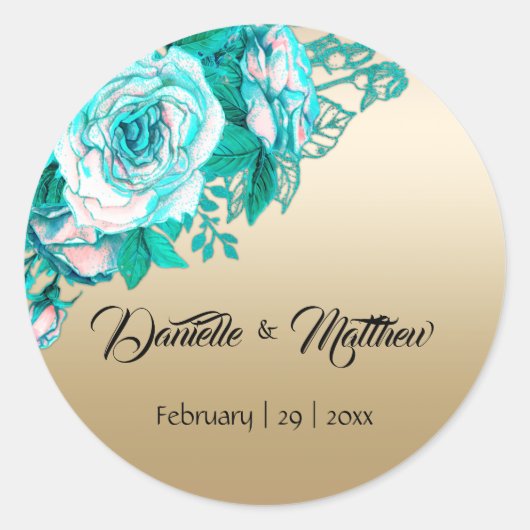 ゴールデンエレガンス:ティール(緑がかった色)ローズ結婚ブーケのシール ラウンドシール (正面)