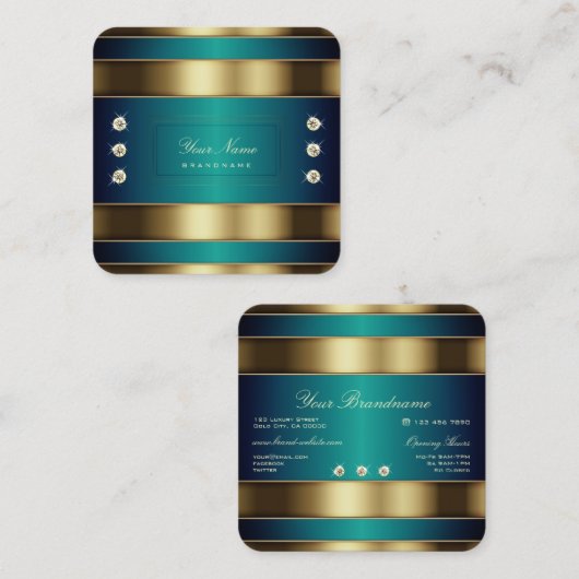 ゴールデンエレガントとブルーのティール（緑がかった色）グラデーションプロフェッショナル スクエア名刺 (正面/裏面)
