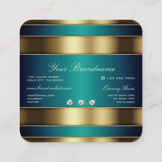 ゴールデンエレガントとブルーのティール（緑がかった色）グラデーションプロフェッショナル スクエア名刺 (裏面)