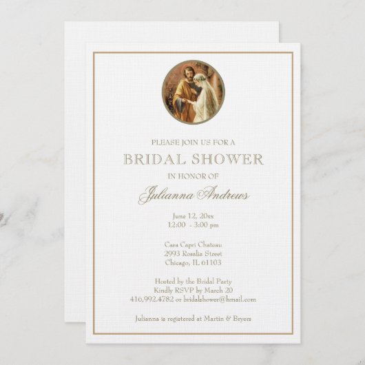 ゴールデンエレガントカトリックブライダルシャワーメアリージョセフ 招待状 (正面/裏面)