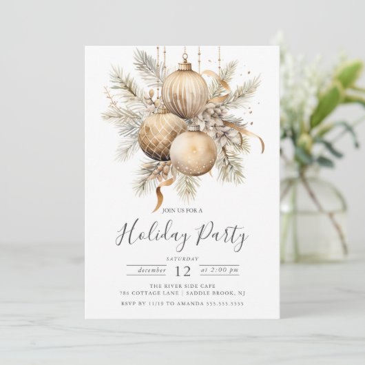 ゴールデンエレガントクリスマスオーナメントホリデーパーティー 招待状 (スタンド正面)