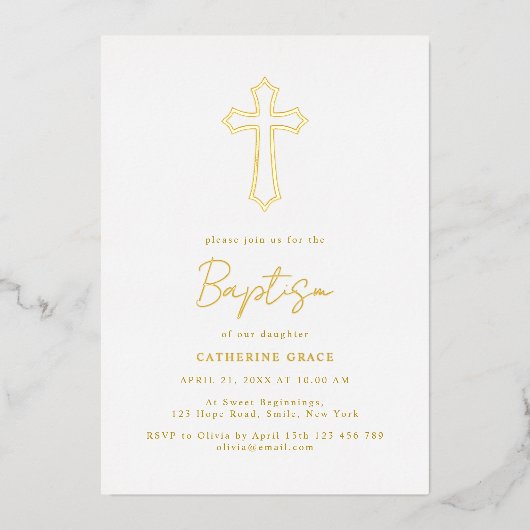 ゴールデンエレガントクロスタイポグラフィバプテスマ 箔招待状 (正面)