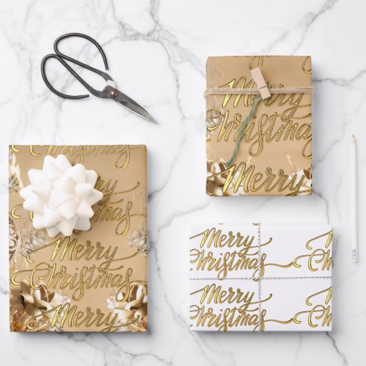 ゴールデンエレガントグリッタースノーフレークスメリークリスマス ラッピングペーパーシート (正面)