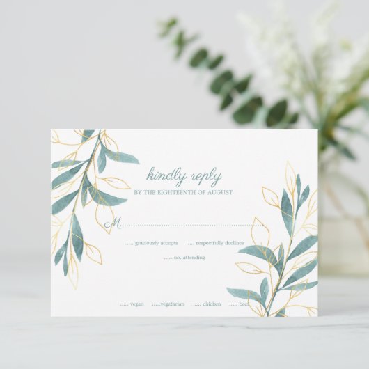 ゴールデンエレガントグリーンウォーター色のフローラ結婚ズ 出欠カード (スタンド正面)