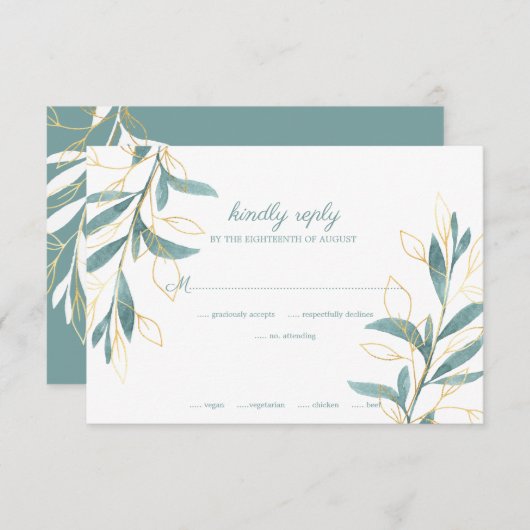 ゴールデンエレガントグリーンウォーター色のフローラ結婚ズ 出欠カード (正面/裏面)