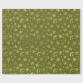 ゴールデンエレガントスターズアンドムーンオリーブグリーンクラフト ラッピングペーパー (フラット)
