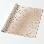 ゴールデンエレガントスターズ&ムーンピンクフェイクローズ赤面 ラッピングペーパー (アンロールド)