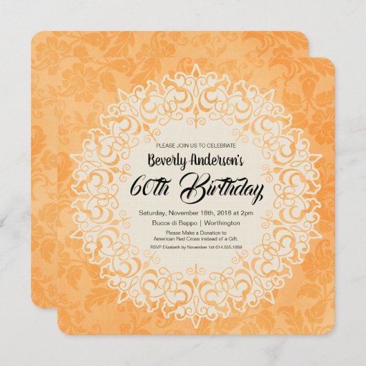 ゴールデンエレガントダマスクスタイル誕生日パーティー 招待状 (正面/裏面)