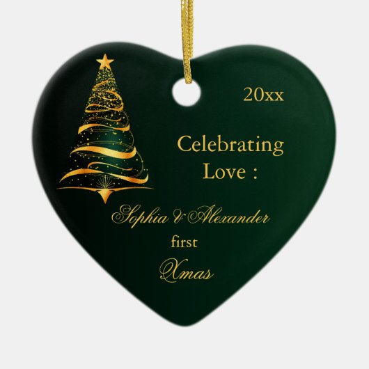 ゴールデンエレガントツリー新しい初めてのクリスマス セラミックオーナメント (正面)