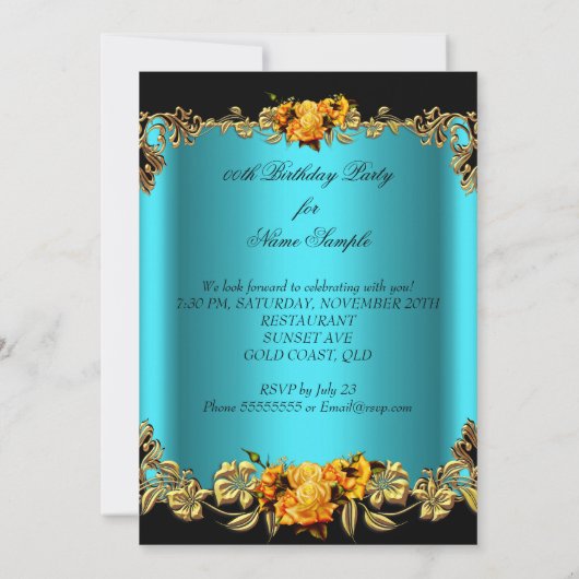 ゴールデンエレガントティール（緑がかった色）ブルーイエローローズズ誕生日 招待状 (裏面)