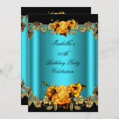 ゴールデンエレガントティール(緑がかった色)ブルーイエローローズズ誕生日 招待状 (正面/裏面)