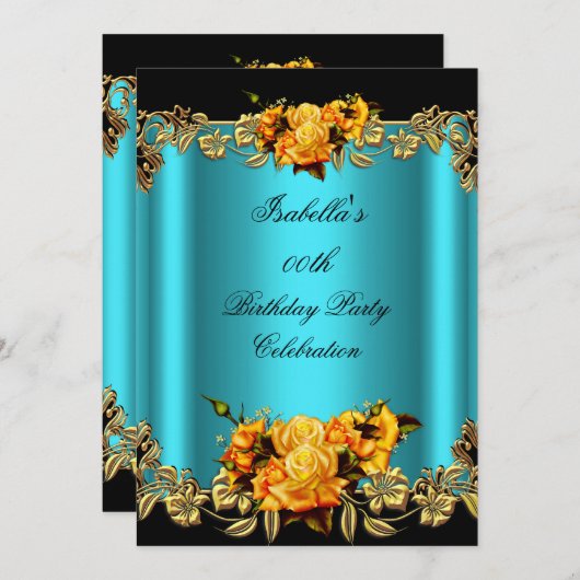 ゴールデンエレガントティール（緑がかった色）ブルーイエローローズズ誕生日 招待状 (正面/裏面)