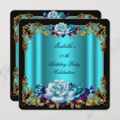 ゴールデンエレガントティール（緑がかった色）ブルーパープルバラ誕生日2 招待状 (正面/裏面)