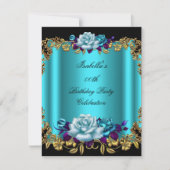 ゴールデンエレガントティール（緑がかった色）ブルーパープルバラ誕生日 招待状 (正面)