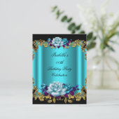 ゴールデンエレガントティール（緑がかった色）ブルーパープルバラ誕生日 招待状 (スタンド正面)