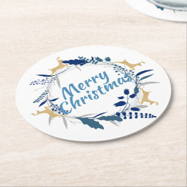 ゴールデンエレガントトナカイフローラクリスマスリース ラウンドペーパーコースター