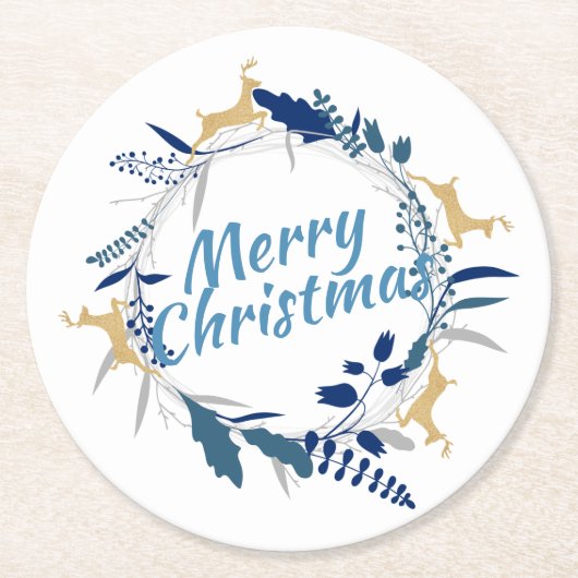 ゴールデンエレガントトナカイフローラクリスマスリース ラウンドペーパーコースター (正面)