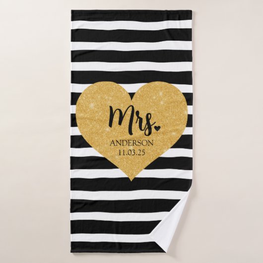 ゴールデンエレガントハートブラックストライプたった今結婚しました バスタオル (バスタオル)