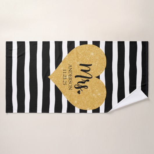 ゴールデンエレガントハートブラックストライプたった今結婚しました バスタオル (バスタオル)