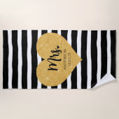 ゴールデンエレガントハートブラックストライプたった今結婚しました ビーチタオル (正面)