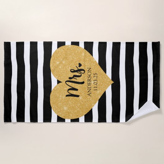 ゴールデンエレガントハートブラックストライプたった今結婚しました ビーチタオル (正面)