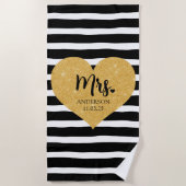 ゴールデンエレガントハートブラックストライプたった今結婚しました ビーチタオル (正面)