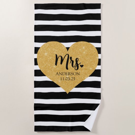 ゴールデンエレガントハートブラックストライプたった今結婚しました ビーチタオル (正面)