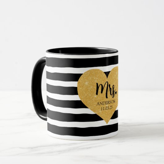 ゴールデンエレガントハートブラックストライプたった今結婚しました マグカップ (正面左)