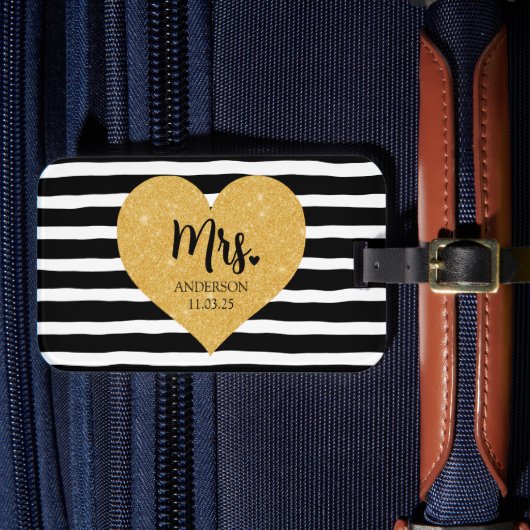 ゴールデンエレガントハートブラックストライプたった今結婚しました ラゲッジタグ (正面インサイチュ4)