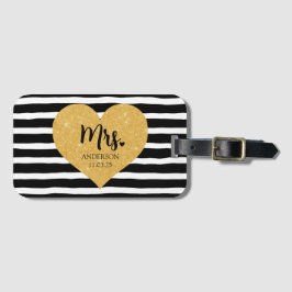 ゴールデンエレガントハートブラックストライプたった今結婚しました ラゲッジタグ