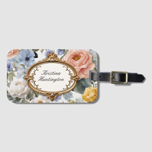 ゴールデンエレガントフレーム付き水彩花模様 ラゲッジタグ (正面横)
