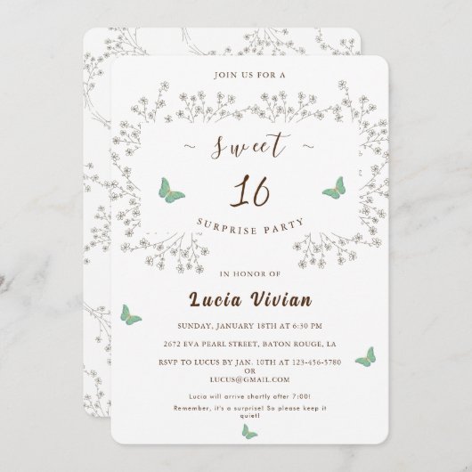ゴールデンエレガントフローラスウィート16サプライズパーティー 招待状 (正面/裏面)
