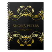 ゴールデンエレガントフローラフィリグリーオーナメントオンブラック ノートブック (正面)
