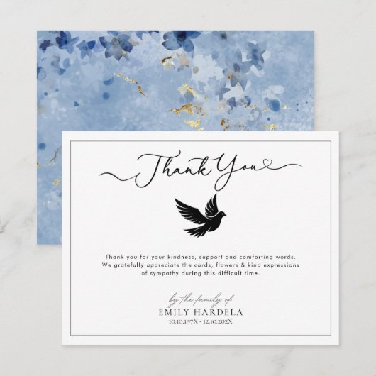 ゴールデンエレガントブルーフローラ葬儀サンキューカード サンキューカード (正面/裏面)