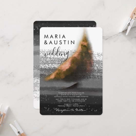 ゴールデンエレガントボート白黒ウォーター結婚カラー 招待状 (正面/裏面インサイチュ)