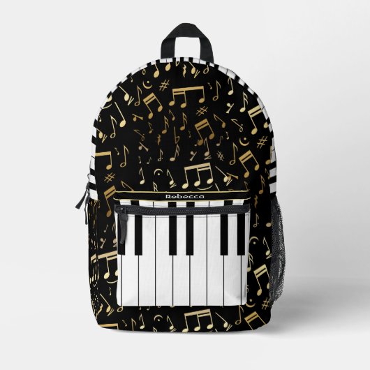 ゴールデンエレガントミュージックノートのピアノ鍵 プリントバックパック (正面)
