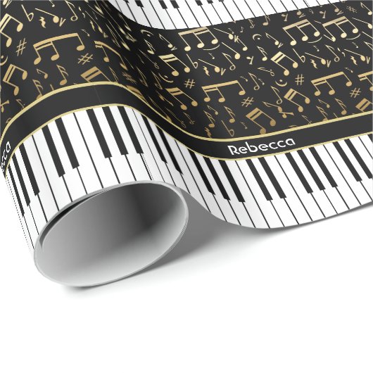 ゴールデンエレガントミュージックノートのピアノ鍵 ラッピングペーパー (ロールコーナー)