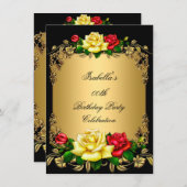 ゴールデンエレガントレッドイエローローズバースデーパーティーA 招待状 (正面/裏面)