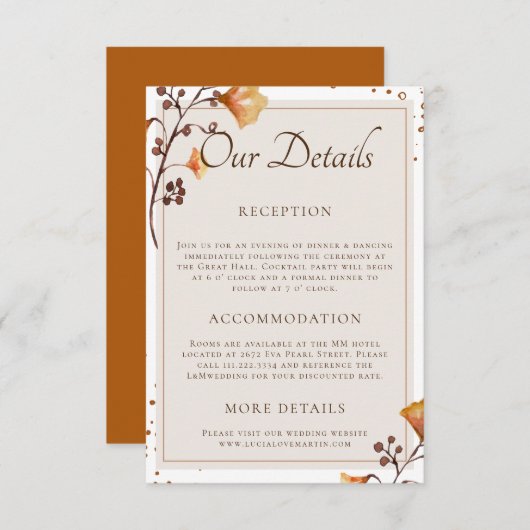 ゴールデンエレガント秋の葉の私たち結婚の詳細 エンクロージャーカード (正面/裏面)