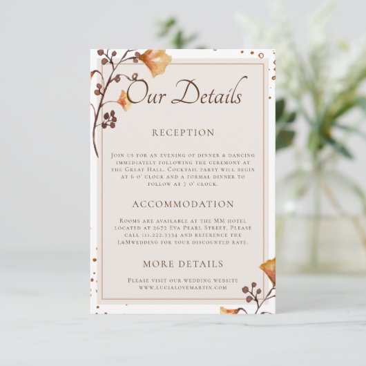 ゴールデンエレガント秋の葉の私たち結婚の詳細 エンクロージャーカード (スタンド正面)